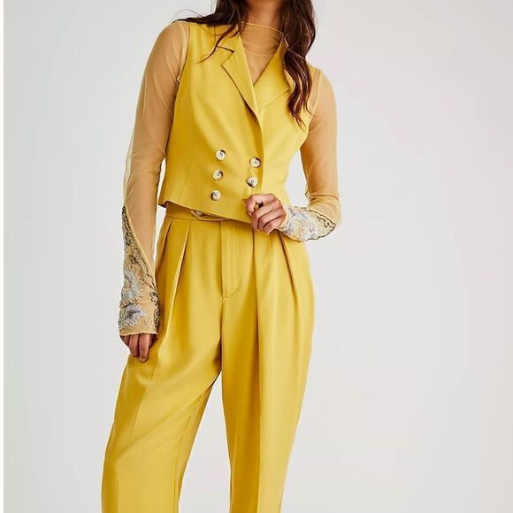 NWT Free People Gabbie Vest Suit Tuxedo Cropped Tailored Slim Collared Mustard - Picture 16 of 16